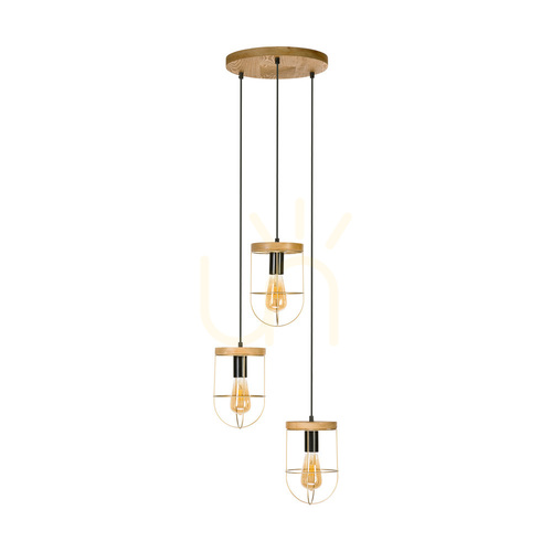 Sprawdź Lampa Wisząca Netuno 3xE27 Max.60W Sosna Bejcowana Brązowa/Czarny Metal/Czarny Kabel PVC/Złoty Metalowy Klosz Ø50 cm