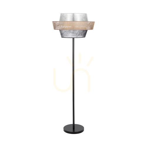 Sprawdź Lampa Podłogowa Nevoa 1xE27 Max.40W Czarny Metal/Czarny Kabel PVC/Czarno-Złoto-Srebrny Abażur Ø55 cm