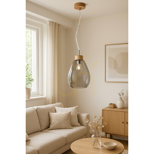 Lampa Wisząca Piro 1xE27 Max.60W Dąb Olejowany/Transparentny Kabel PVC/Szklany Dymiony Klosz Ø25 cm small 1
