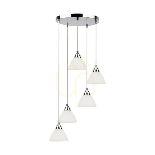 Sprawdź Lampa Wisząca Prahas 5xE14 Max.40W Chrom Metal/Transparentny Kabel PVC/Biały Szklany Klosz Ø42 cm
