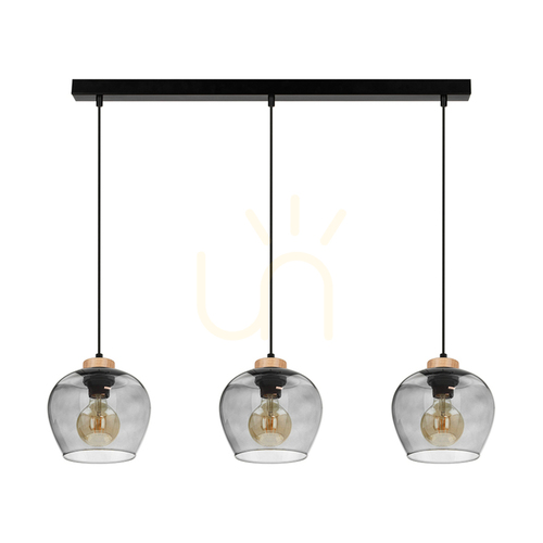 Sprawdź Lampa Wisząca Praia 3xE27 Max.60W Dąb Olejowany/Czarny Metal/Czarny Kabel PVC/Szklany Dymiony Klosz 120 cm
