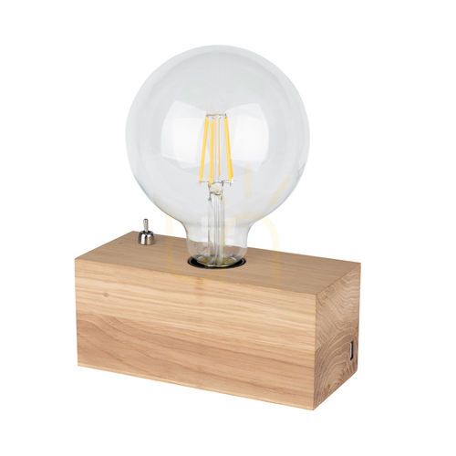 Sprawdź Lampa Stołowa Theo 1xE27 Max.25W Dąb Olejowany/Czarny Kabel PVC z Zintegrowaną Ładowarką USB 18 cm