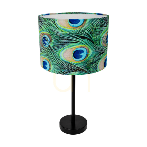 Sprawdź Lampa Stołowa Vert 1xE27 Max.40W Czarny Metal/Czarny Kabel PVC/Wielokolorowy Abażur z Wzorem w Pawie Pióra Ø25 cm