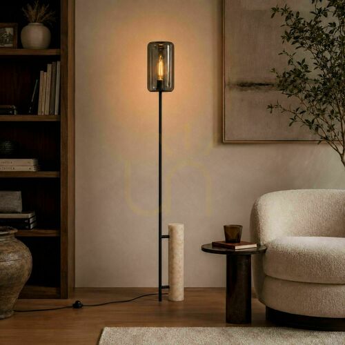 Sprawdź Lampa podłogowa s.luce Cruet 190 cm E27 z trawertynem i przydymionym kloszem, czarna